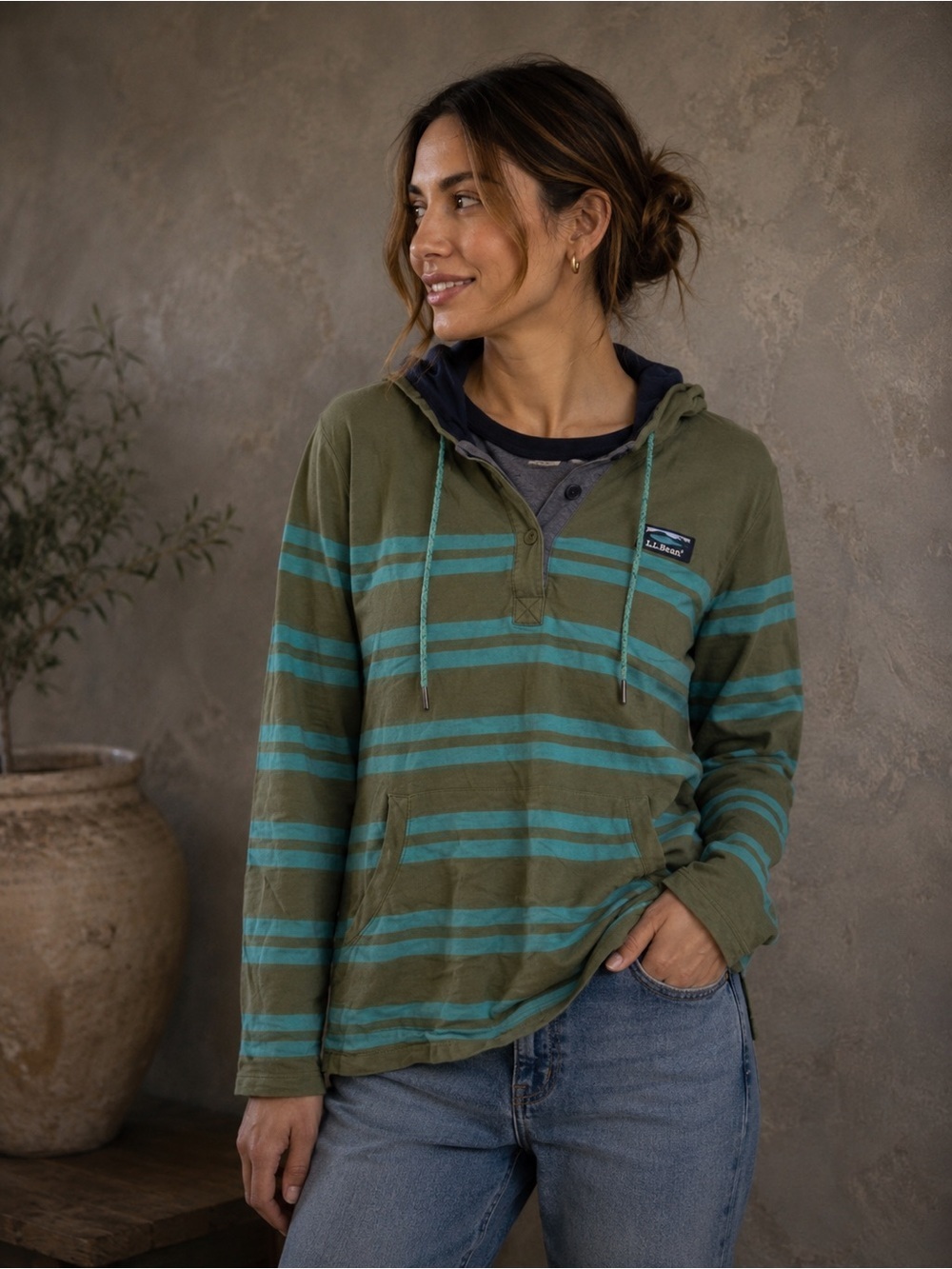 Ll Bean Green Striped Rugby Hoodie Pullover Sweater Small